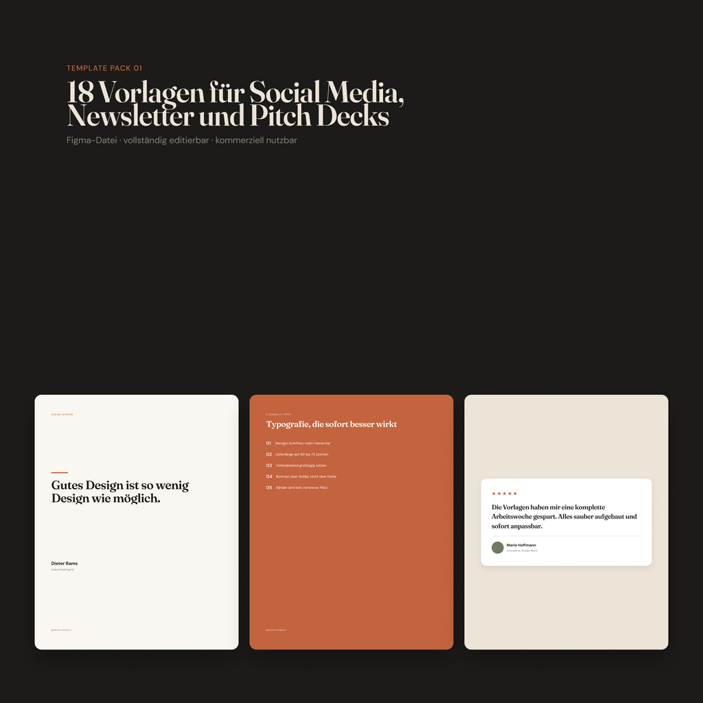 Template Pack 01 – Titelbild „18 Vorlagen für Social Media, Newsletter und Pitch Decks“ mit drei Vorschau-Vorlagen in Beige, Terrakotta und Creme auf dunklem Hintergrund
