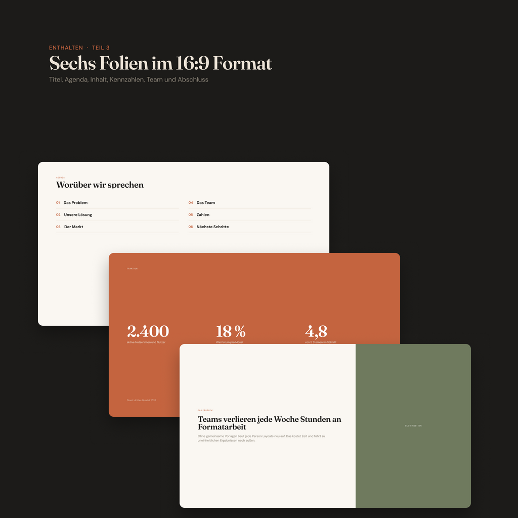Template Pack 01 – Grafik „Sechs Folien im 16:9 Format“: Präsentationsvorlagen mit Agenda-Folie, Kennzahlen-Folie in Terrakotta und Team-Folie in Olivgrün