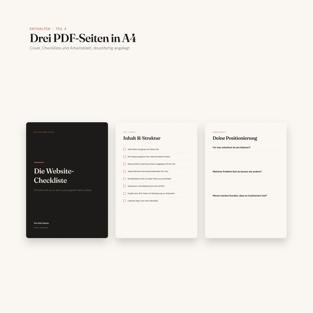 Template Pack 01 – Grafik „Drei PDF-Seiten in A4“: Cover „Die Website-Checkliste“ in Dunkelbraun sowie Checklisten- und Positionierungsseite als Lead-Magnet-Vorlagen