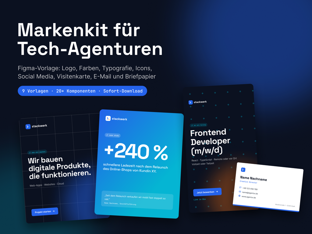 Tech Agentur Markenkit · Figma-Vorlage mit Logo, Social Media, Visitenkarte und Briefpapier