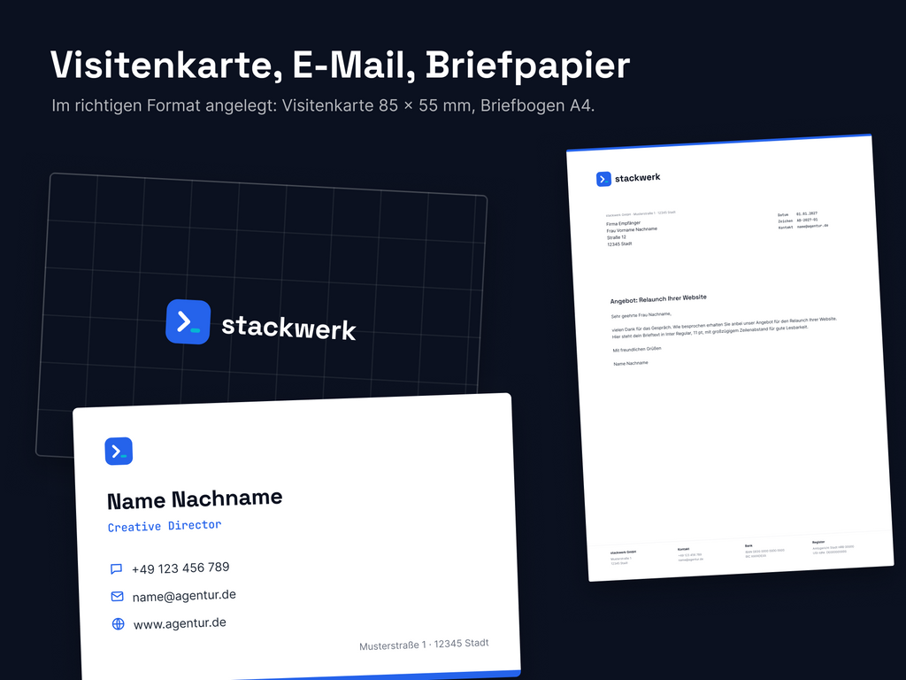 Tech Agentur Markenkit · Figma-Vorlage mit Logo, Social Media, Visitenkarte und Briefpapier